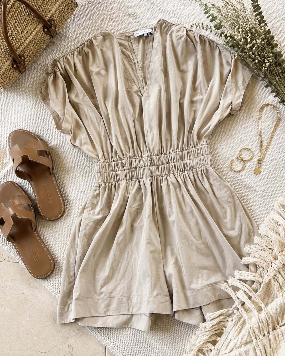 Endless Rose Beige Ruched Waist Romper (r1)